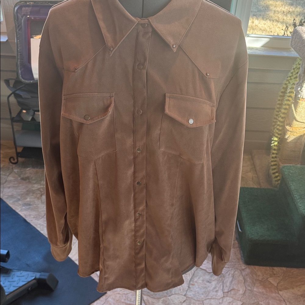 Stonebridge Shirt Blouse Brown Snap Up Long Sleeve Shirt Size 3X